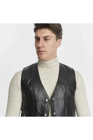 Hakiki Deri Yandan Ayarlanabilir Bağcıklı Yelek - 3