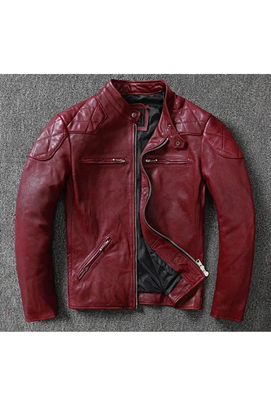 Vintage motosiklet şarap kırmızı renk hakiki deri mont