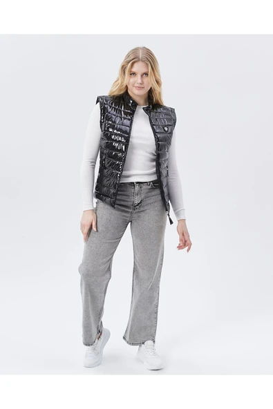 Rugan Deri Yelek Siyah Parlak Kadın - Resim 3