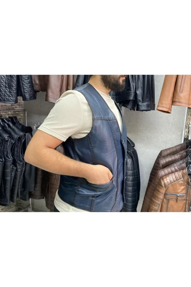 Hakiki Deri Lacivert Renk Yelek Slim Fit Kesim - 2