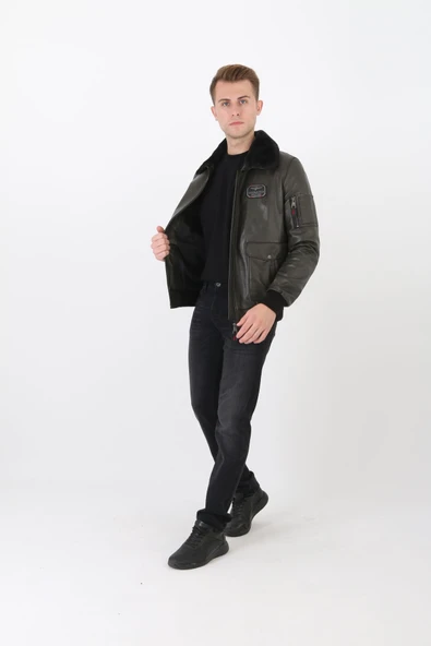 Pilot mont hakiki deri erkek yeşil renk - Resim 4