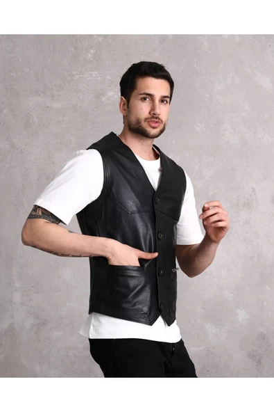 Hakiki Deri Yandan Cepli Siyah Erkek Yelek - 7