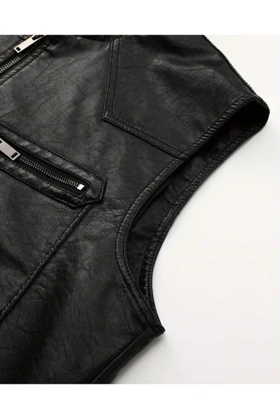 Kapüşonlu Triko yaka ve Triko Bel Hakiki kuzu derisi yelek - 5