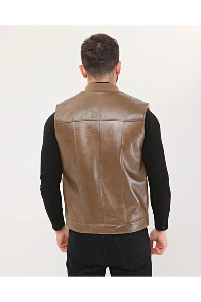 Hakiki Deri Bisiklet Yaka Içi Kürklü Yelek Kahve Renk - Resim 4