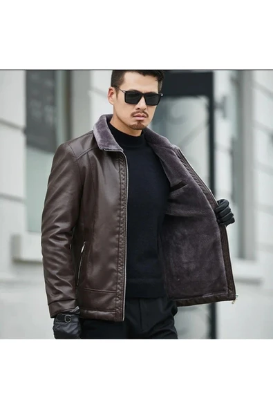 Hakiki Koyun Derisi Içi Yakası Kürk Erkek Mont kahverengi ürün görseli