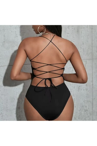 Siyah Kare Yaka Sırt Dekolteli Arkadan Bağlamalı Mayo - 5