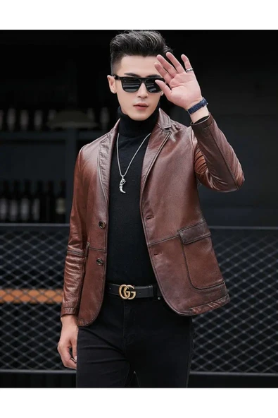 Deri ceket kapaklı torba cepli karartmalı kahve renk - 4