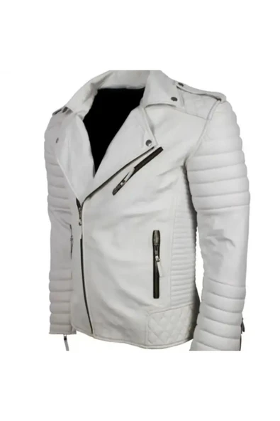 Motorcu tarzı kuzu derisi biker mont beyaz renk - 4