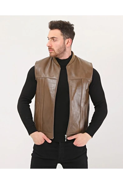 Hakiki Deri Bisiklet Yaka Içi Kürklü Yelek Kahve Renk - Resim 2