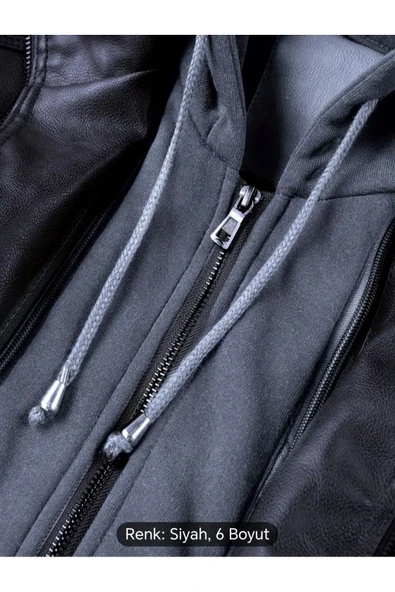 Kapüşonlu hakiki deri dikiş ve ribana detaylı mont - 4