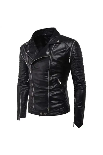 Hakiki kuzu derisi omuzları dikey süs fermuarlı biker mont - 4