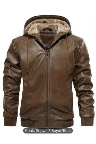 İç Kısmı Tüylü Hakiki Deri Kapüşonlu Mont - 2