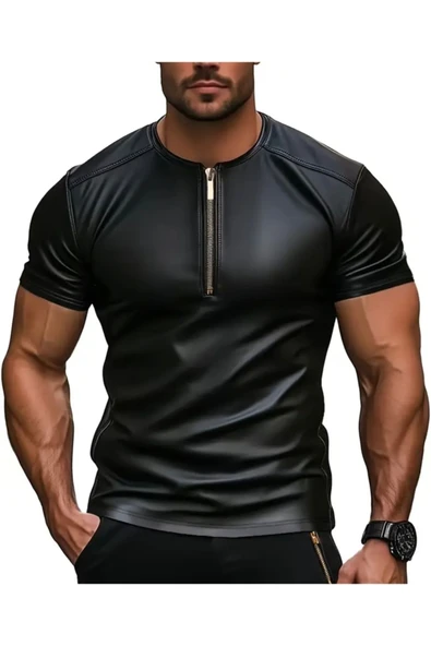 Suni Deri Bisiklet Fermuar Yakalı Tişört - 6