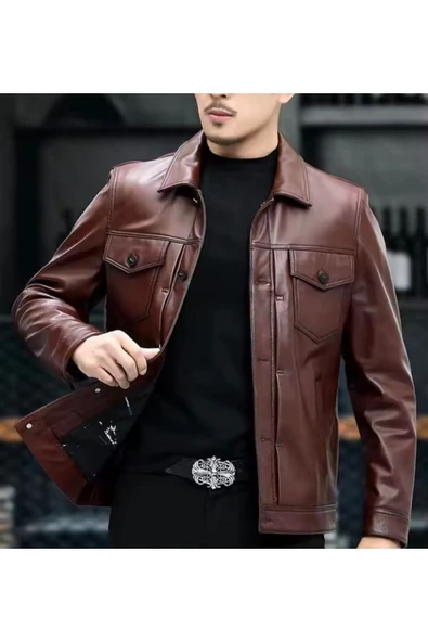 Mevsimlik Ceket Spor Hakiki Deri düğme,gömlek yaka ve dikiş detaylı - 2
