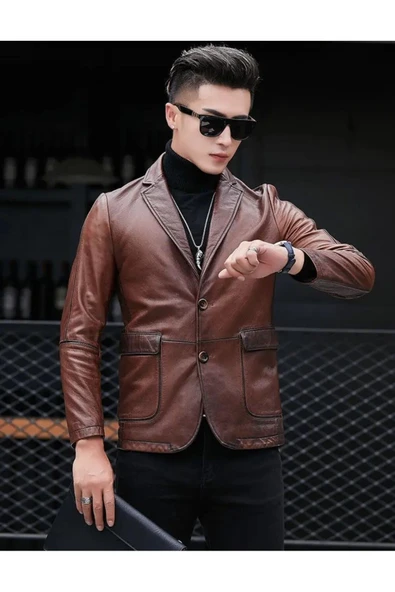 Deri ceket kapaklı torba cepli karartmalı kahve renk - 3