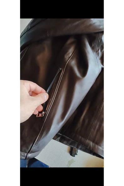 Kapüşonlu hakiki deri dikiş ve ribana detaylı mont - 6