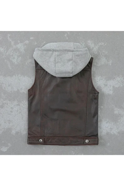 Kapüşonlu hakiki deri yelek - Resim 2