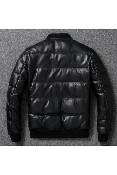 Hakiki deri şişme tarzı mont dar kesim siyah renk - 3