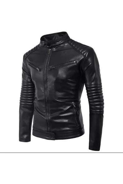 Kuzu derisi Dirsekleri şişme tarzı mont siyah renk ürün görseli