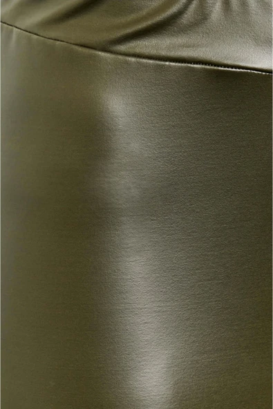 Haki Renk Suni Deri Tayt Yüksek Lastik Bel Dar Paça Esnek - 2