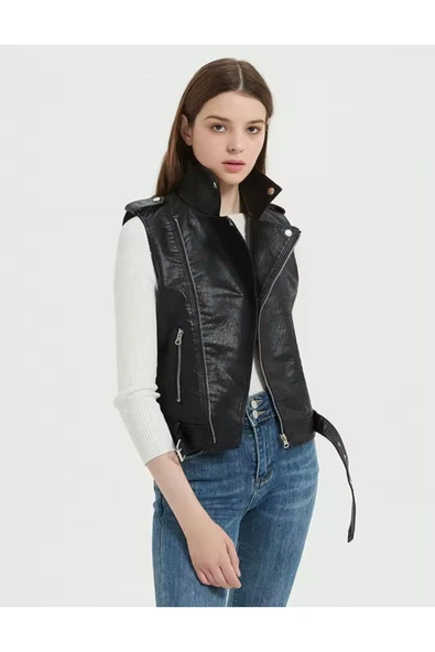 Hakiki kuzu derisi Kadın Motorcu Tarzı Biker Yelek - Resim 3
