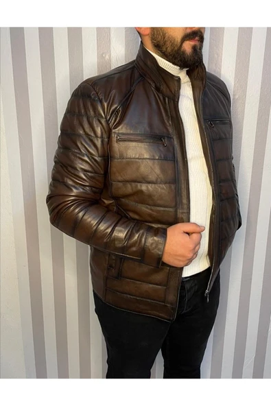Şişme Hakiki Deri Mont Karartmalı Kahve
