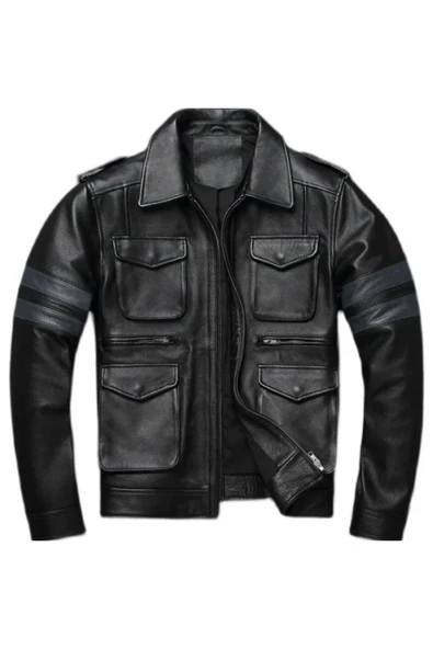 Hakiki kuzu derisi mont kolları yatay gri çizgili siyah mont - Resim 4