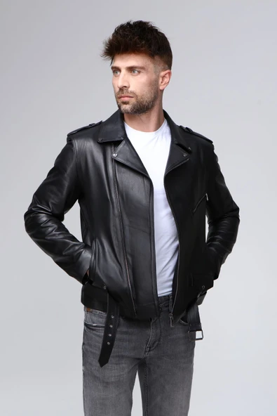 Motorcu tarzı Hakiki deri biker mont siyah renk ürün görseli