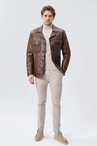 Hakiki Deri Ceket Karartmalı Taba Renk - 4