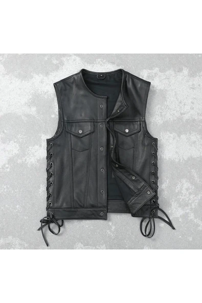 Yanları deri ip bağlamalı biker yelek hakiki deri