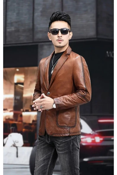 Hakiki deri slim fit erkek ceket - 3