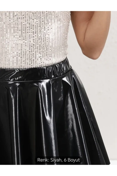 Lastik Bel Party Kadınlar Günü Parlak Rugan Orta Boy Etek - 6