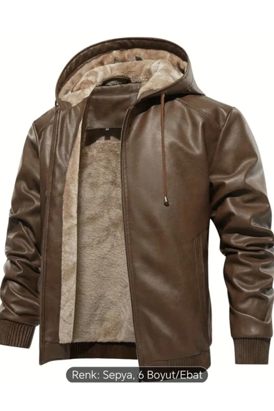 İç Kısmı Tüylü Hakiki Deri Kapüşonlu Mont