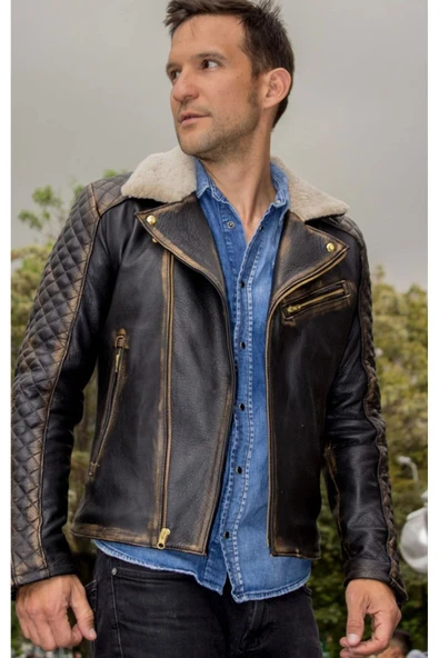 Yakası Kürk Entegreli Hakiki Deri Eskitmeli Kapitone Dikiş Detaylı Mont - 6