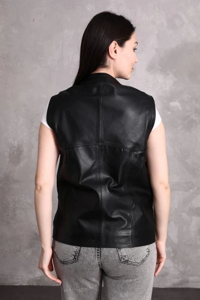 Hakiki Deri Yelek Yandan Cepli Kadın - 6