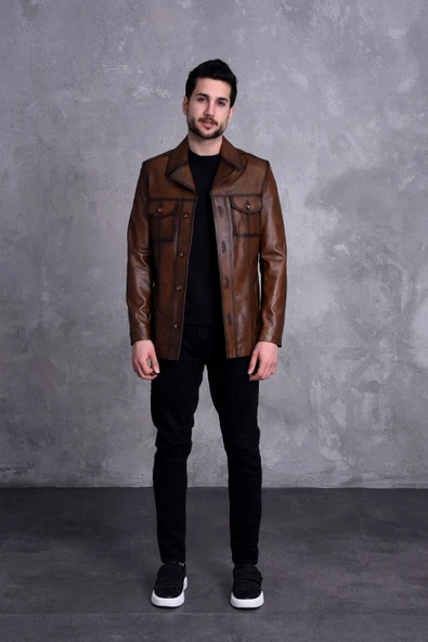 Uzun Italyan Yak Dar Kesim Hakiki Deri Ceket - Resim 2