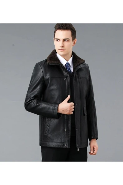 Hakiki deri İçi kürk yakası entegreli kürk mont kaban - Resim 6