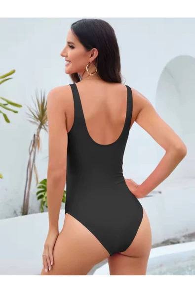 Siyah U Yaka Tek Parça Mayo,Yarım Açık Sırt - 4