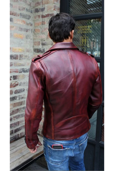 Prof Model Silme Hakiki Koyun Derisi Bordo Renk Biker Mont - 2
