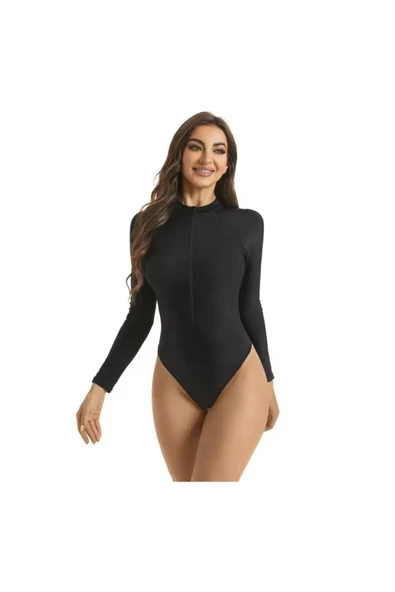 Kadın Sörf Tek Parça Mayo Yüksel Bel Fermuarlı Dalış Uzun Kollu - 2
