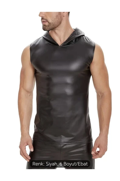 Deri Tişört Kapüşonlu Sıfır Kol Dar Kesim - 5