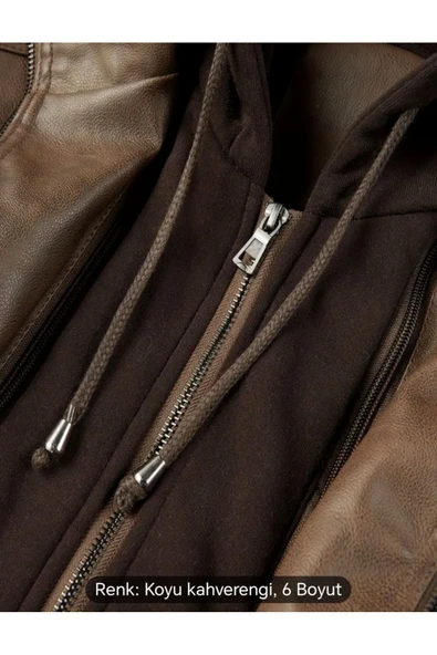 Kapüşonlu hakiki deri dikiş ve ribana detaylı mont - 5