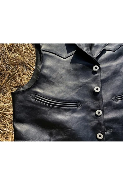 Yakalı metal düğmeli yelek hakiki deri - 4