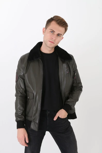 Pilot mont hakiki deri erkek yeşil renk - Resim 7