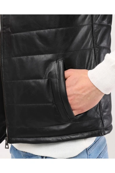 Hakiki Deri Şişme Yelek Hakim Yaka Siyah Renk - 5