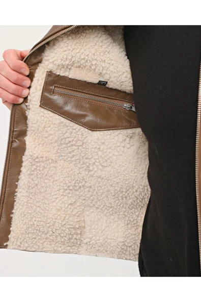 Hakiki Deri Bisiklet Yaka Içi Kürklü Yelek Kahve Renk - Resim 5