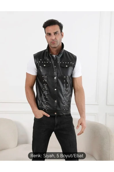 Motorcu Cooper Yelek Perçin Çivi Uç Detaylı Hakiki Deri Yelek - Resim 2