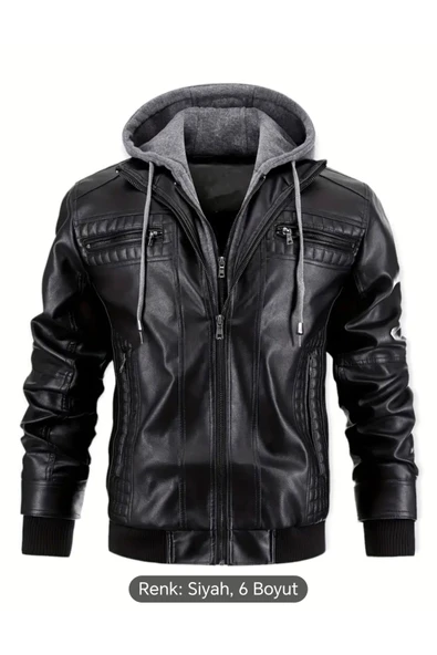 Kapüşonlu hakiki deri dikiş ve ribana detaylı mont