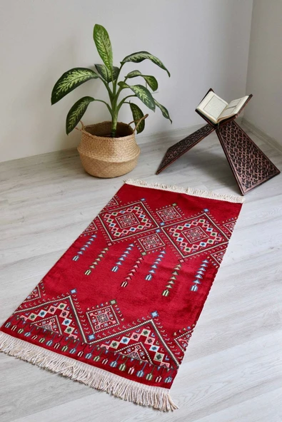 Kilim Desenli Astarlı Lüks Seccade S1020 Krımızı - Resim 2
