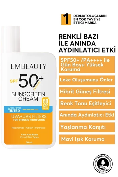 EMBEAUTY Ton Eşitleyici Yüksek Koruma Etkili Spf50 Aydınlatıcı Pembe Yüz Güneş Kremi Hibrit Formül 50 ml